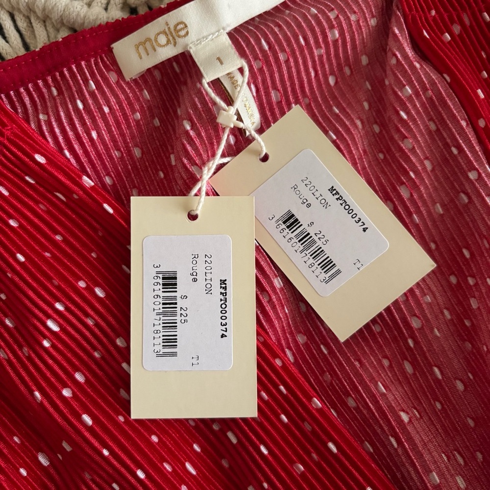 New Maje Red rouge Ruched cropped polka dot Blouse size 1 small top women’s - Picture 14 of 14